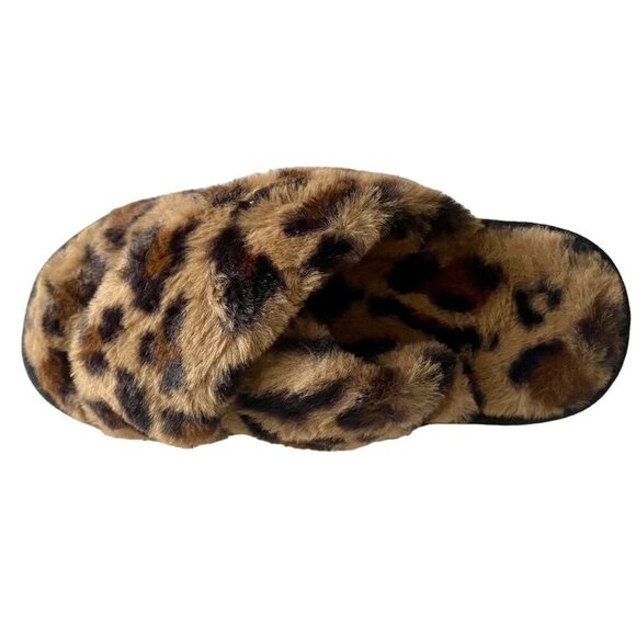 Fuzzy Cross Band Animal Print Open Toe Slippers Memory Foam Women's Medium 7-8 - Picture 2 of 11